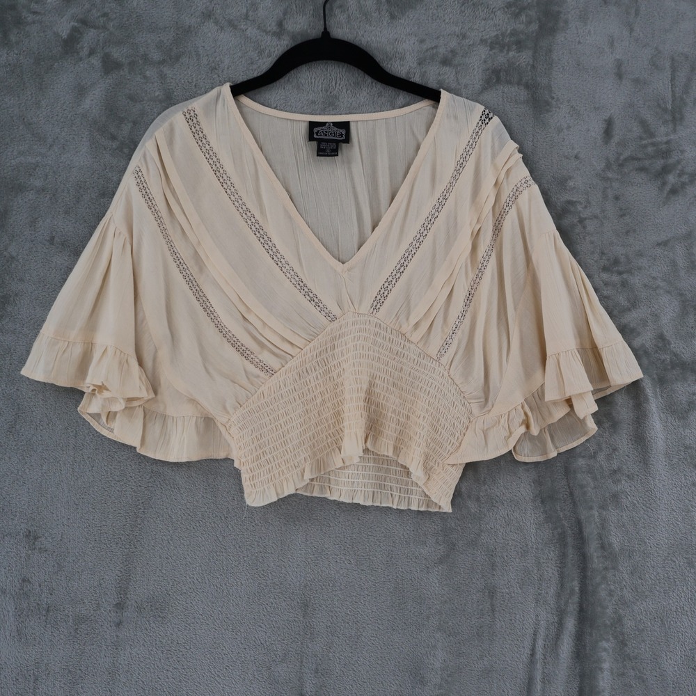 Angie Smocked Crop Top Women S Cream Boho Flutter Lace Bohemian Flowy Cottage